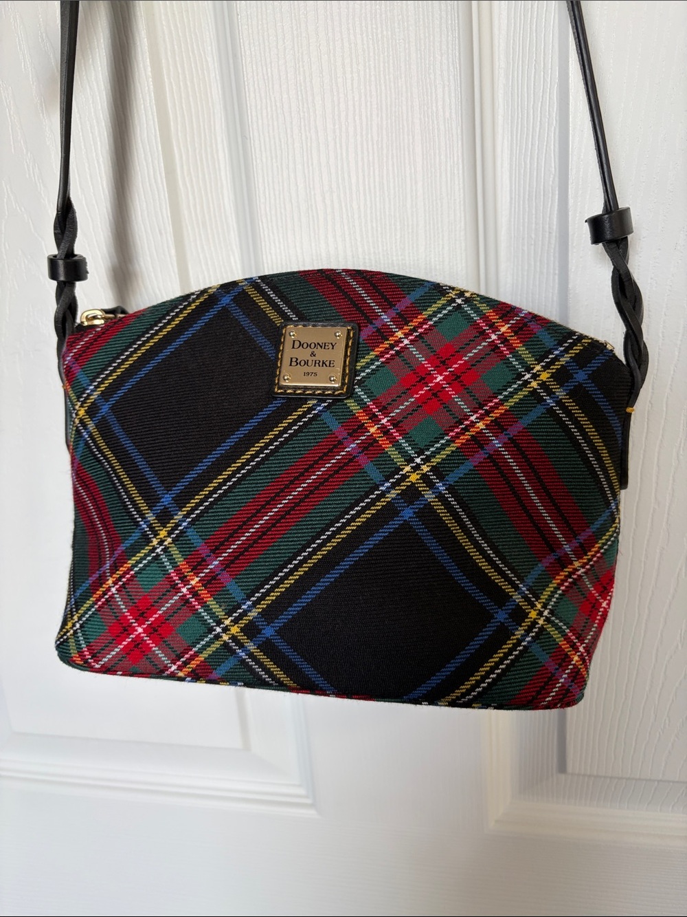 Dooney & Bourke Black Red Green Fabric Tartan Crossbody Bag